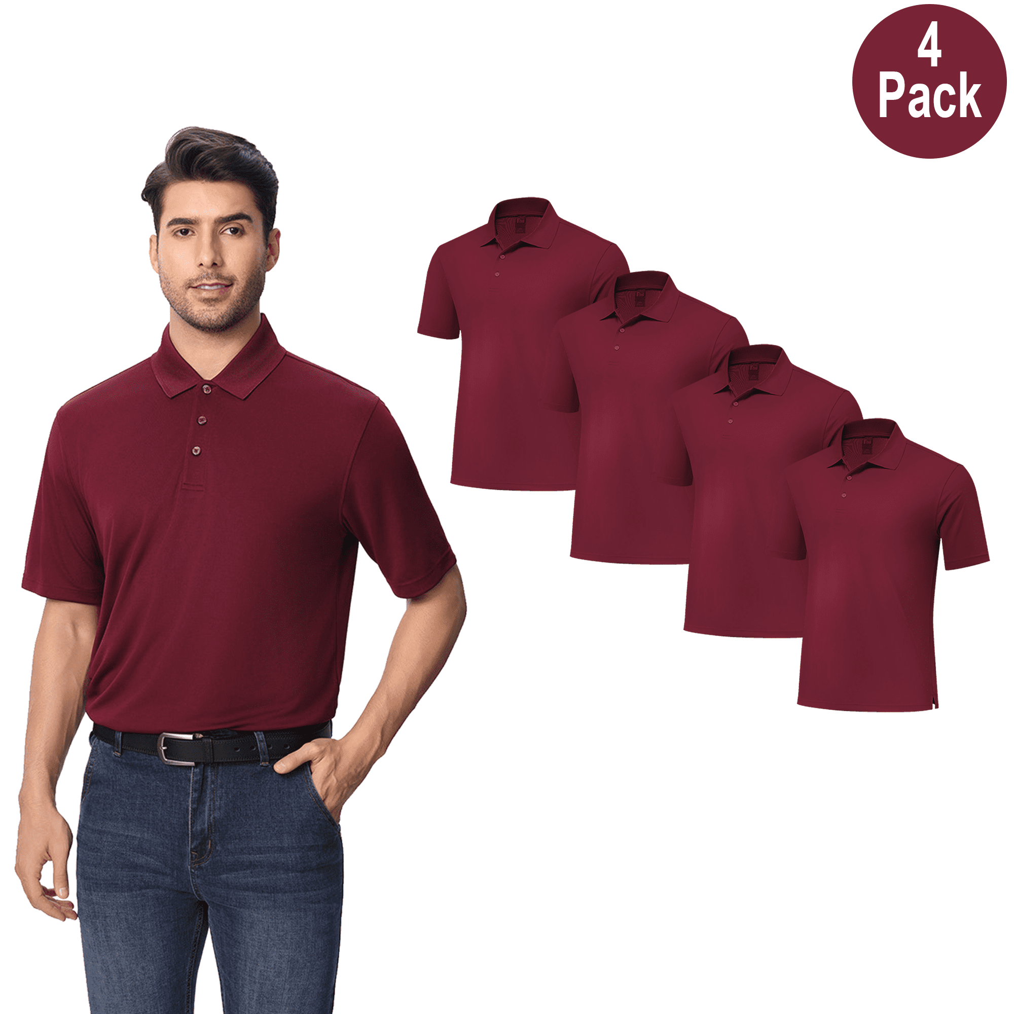 Zfeel Men Pure Dry Fit High Performance Poly Polo Shirt, Short Sleeve Polyester, Maroon, 4 Pack, L