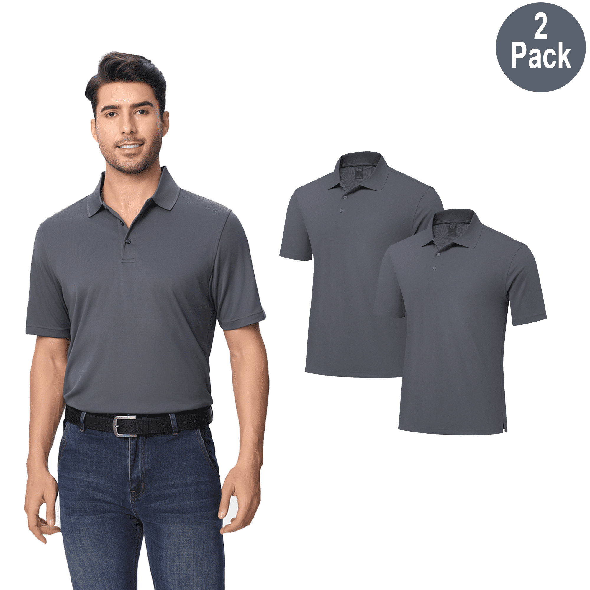 Zfeel Men Short Sleeve Pure Dry Fit Polo Shirt, High Performance 100 Polyester, lron Grey, 2 Pack, L