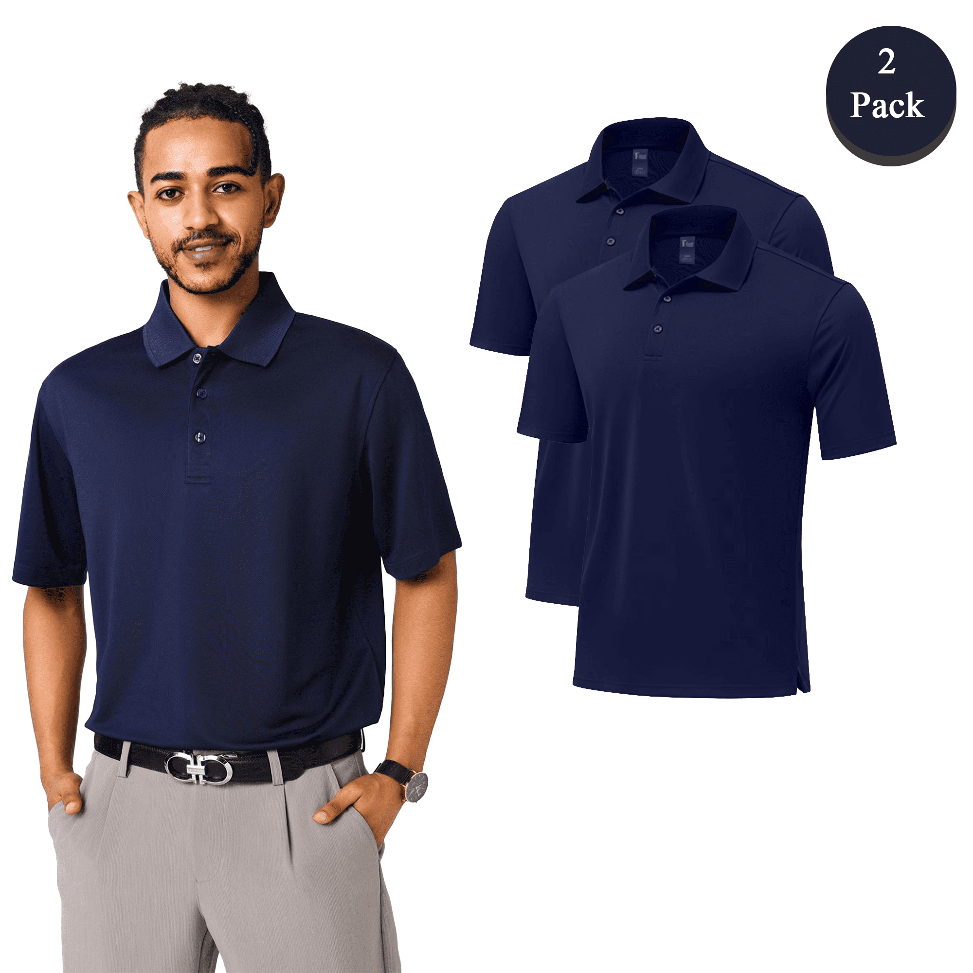 Zfeel Men's Performance Polo Shirt, Short Sleeve Moisture-Wicking Shirt, Pack of 2, Navy, S