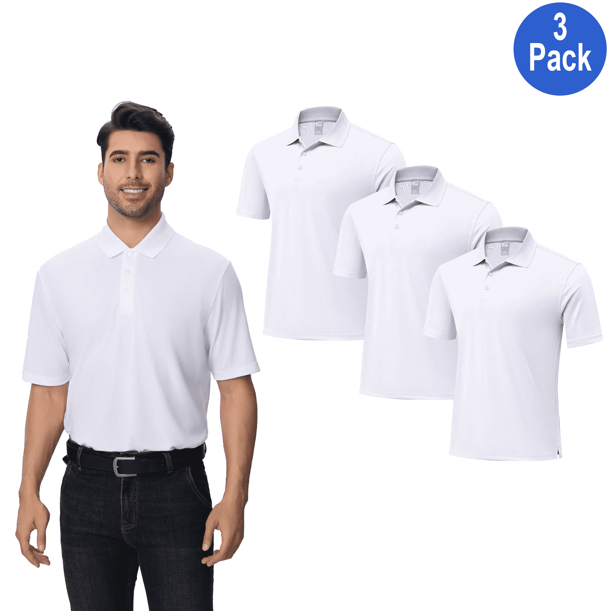Zfeel Men's Pure Dry Fit Poly Polo T-Shirt, Short Sleeve, 100 Percent Polyester, White, S, 3 Pack